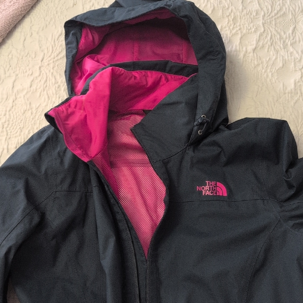 The North Face Dark Green Rain Jacket with Pink Lining